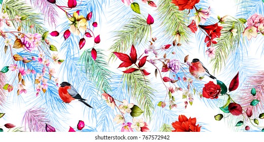 Seamless background floral pattern. Fir branches, flower with christmas tree and bullfinch on white. Hand drawn, vector - stock.
