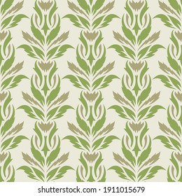 Seamless background with a floral pattern. Green and brown leaves on a beige background. Flat style. Spring and summer theme. Endlessly repeating texture for fabrics, textiles, wallpaper, interiors.