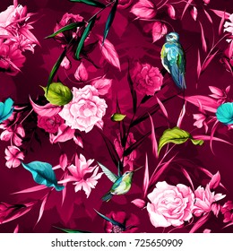Seamless background floral pattern. Humming birds, wild flowers, pomegranate with leaves on vinous. Abstract. Hand drawn. Vector - stock.