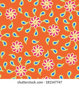 seamless background Floral pattern with paisley on orange background