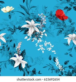 Seamless background floral pattern. Poppy, roses, wild rose, lily of the valley on blue. Watercolor, hand drawn. Vector - stock.