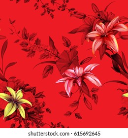 Seamless background floral pattern. Roses, wild rose, lily of the valley on dark red. Watercolor, hand drawn. Vector - stock.