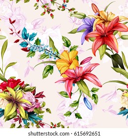 Seamless background floral pattern. Roses, wild rose, lily of the valley on pastel. Watercolor, hand drawn. Vector - stock.