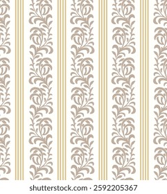 Seamless background with floral pattern and stripes. Vector illustration. Seamless white background with yellow with brown pattern in baroque style. Vector retro illustration.