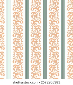 Seamless background with floral pattern and stripes. Vector illustration. Seamless white background with green with orange pattern in baroque style. Vector retro illustration.