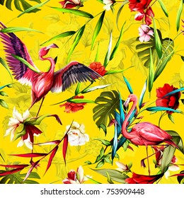 Seamless background floral pattern. Tropical leaves with two flamingo around on yellow. Hand drawn, vector - stock.