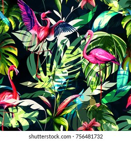 Seamless background floral pattern. Tropical leaves with three flamingos around on dark. Hand drawn, vector - stock.