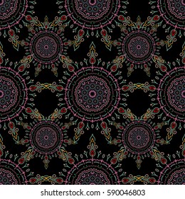 Seamless background. Floral seamless pattern. Wallpaper baroque, damask. Purple and pink ornament on a black background.