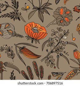 Seamless background with a floral pattern. Wildflowers, plants, leaves. Pattern for textiles