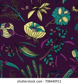 Seamless background with a floral pattern. Wildflowers, plants, leaves. Pattern for textiles