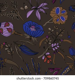 Seamless background with a floral pattern. Wildflowers, plants, leaves. Pattern for textiles