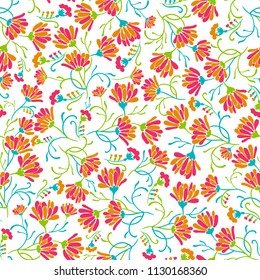 Seamless background with floral patterns. Red tulips, chamomile, green leaves. Summer ornament. Vector illustration. It can be used for wallpaper, printing on the packaging paper, textiles.