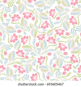 Seamless background with floral patterns. Summer ornament. Vintage Pattern. Elements of flowers and leaves. Vector illustration. Used for wallpaper, printing on the packaging paper, textiles.