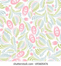 Seamless background with floral patterns. Summer ornament. Vintage Pattern. Elements of flowers and leaves. Vector illustration. Used for wallpaper, printing on the packaging paper, textiles.