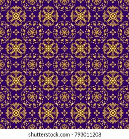 Seamless background with floral patterns, vintage golden patterns on purple background