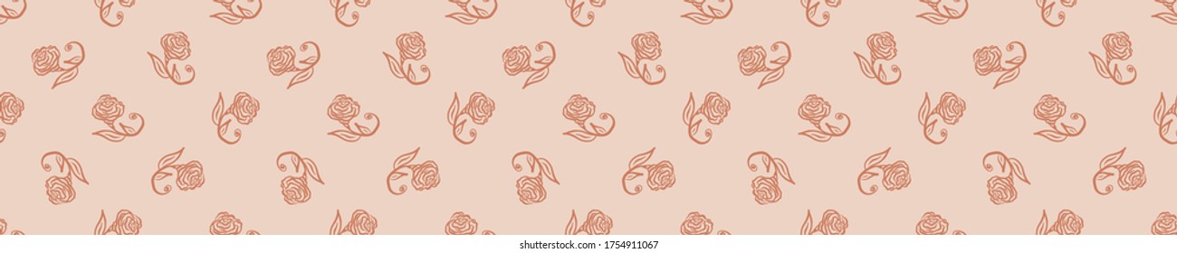 Seamless background floral rose banner. Gender neutral baby pattern. Simple whimsical minimal earthy 2 tone color. Kids nursery flower border or boho fashion tribbon trim