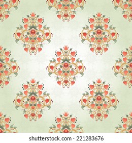 Seamless background with floral symmetrical elements. Delicate pattern. Physalis, leaves and twisted branches.