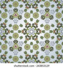 Seamless background with floral symmetrical elements. Delicate pattern. Lacy leaves.