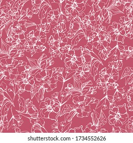 Seamless background with flower of apple tree. manual graphics. Blossoming tree of peach, cherry, pear, fruit buds. Stylish pattern for textiles, wallpaper, packaging. stock graphics.