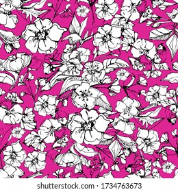Seamless background with flower of apple tree. manual graphics. Blossoming tree of peach, cherry, pear, fruit buds. Stylish pattern for textiles, wallpaper, packaging. stock graphics.
