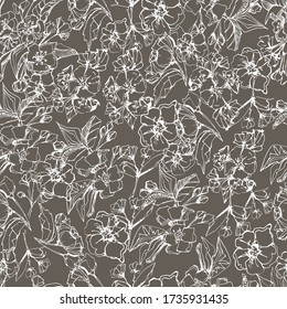 Seamless background with flower of apple tree. manual graphics. Blossoming tree of peach, cherry, pear, fruit buds. Stylish pattern for textiles, wallpaper, packaging. stock graphics.