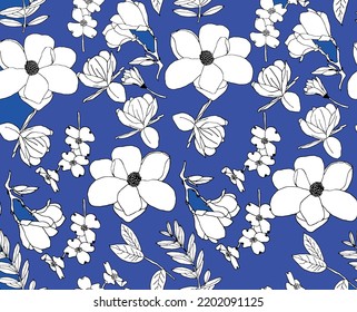 Seamless background with flower of apple tree. manual graphics. Blossoming tree of peach, cherry, pear, fruit buds. Stylish pattern for textiles, wallpaper, packaging. stock graphics.