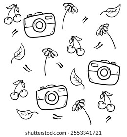 Seamless background flower garden pattern with cameras and fruit. Doodle background floral seamless pattern. Beautiful black and white floral background