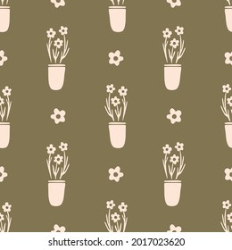 Seamless background flower gender neutral pattern. Whimsical minimal earthy 2 tone color. kids nursery wallpaper or boho cartoon fashion all over print.