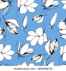 Seamless background with flower magnolia. Large buds of white magnolia. Coloring book for children and adults with delicate beautiful spring flowers, buds. Background for textiles, wallpaper, paper.
