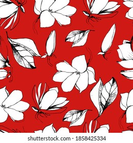 Seamless background with flower magnolia. Large buds of white magnolia. Coloring book for children and adults with delicate beautiful spring flowers, buds. Background for textiles, wallpaper, paper.