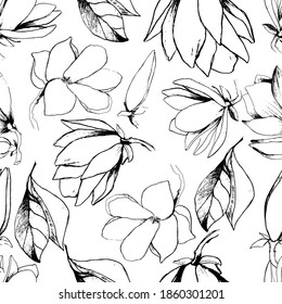 Nahtloser Hintergrund mit floraler Magnolie. Große Knospen weißer Magnolien. Farbbuch für Kinder und Erwachsene mit zarten, schönen Frühlingsblumen, Knospen. Hintergrund für Textilien, Tapete, Papier.