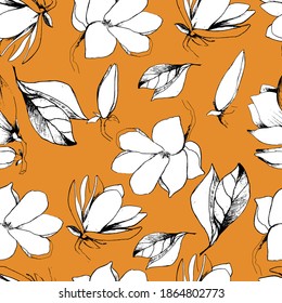 Seamless background with flower magnolia. Large buds of white magnolia. Coloring book for children and adults with delicate beautiful spring flowers, buds. Background for textiles, wallpaper, paper.