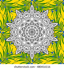 Seamless background. Flower mandalas seamless pattern in black white and yellow, green, blue, vector