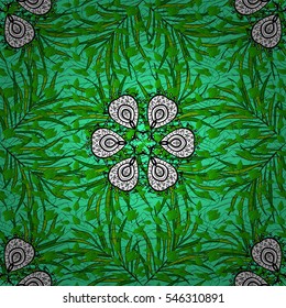 Seamless background. Flower mandalas seamless pattern in black white, green, vector. Radial gradient shape. Snowflake, Christmas, New Year.