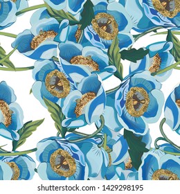 Seamless background with flower narcissus in vector. Summer garden of blue flowers. Suitable for printing on fabric, clothing, textiles, decor.