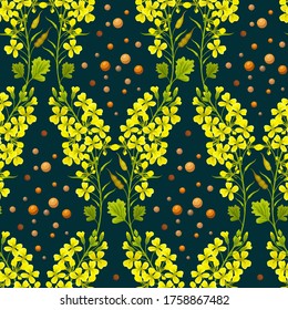 Seamless background of flower, seeds and leaves mustard. Vector illustration.