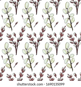 seamless background of flowering willow branches, isolated images on white backgrounds, doodles, for packaging design, design for Easter