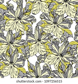 Seamless background with flowers of apple tree. Abstract color. Wallpaper, fabric or design of gift paper. Vector illustration