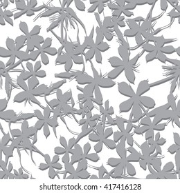 Seamless background with flowers of beautiful hand-drawn silhouette  phlox in black and white colors. Vector illustration