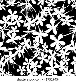 Seamless background with flowers of beautiful hand-drawn silhouette  phlox in black and white colors. Vector illustration