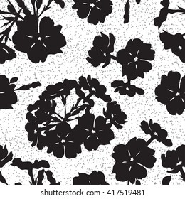 Seamless background with flowers of beautiful hand-drawn silhouette  phlox in black and white colors. Vector illustration