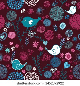The seamless background is flowers and birds. Vector illustration