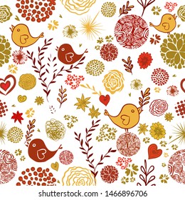 The seamless background is flowers and birds. Vector illustration