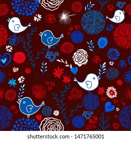 The seamless background is flowers and birds. Vector illustration