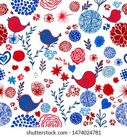 The seamless background is flowers and birds. Vector illustration
