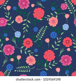 Seamless background with flowers and branches of leaves on a dark blue background . Vector illustration.