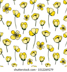 Seamless background with flowers and buds. For design and decoration of fabric, paper, Wallpaper, packaging. Yellow flowers on white background. Buttercups.Ranunculus.