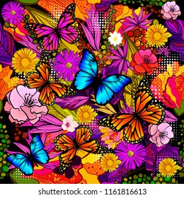 Seamless background with flowers and butterflies