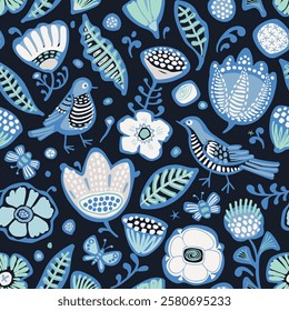 Seamless background with flowers, butterflies, birds. Floral pattern for textile, wallpaper, digital paper, gift wrap, etc.
