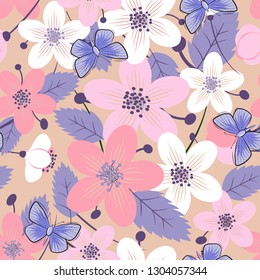 Seamless background of flowers and butterflies. Pink flowers float over a gentle lilac butterfly.